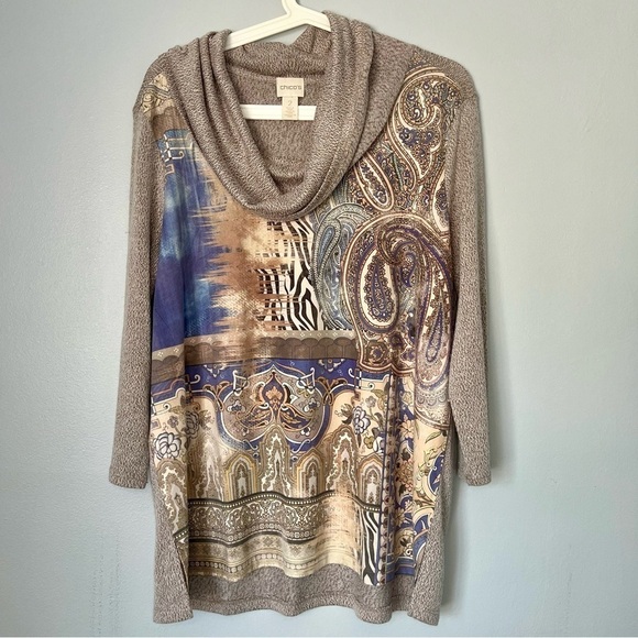 Chico's Turtle Neck Tunic Top Paisley 3/4 Sleeves Artsy Boho Size L - Picture 1 of 14